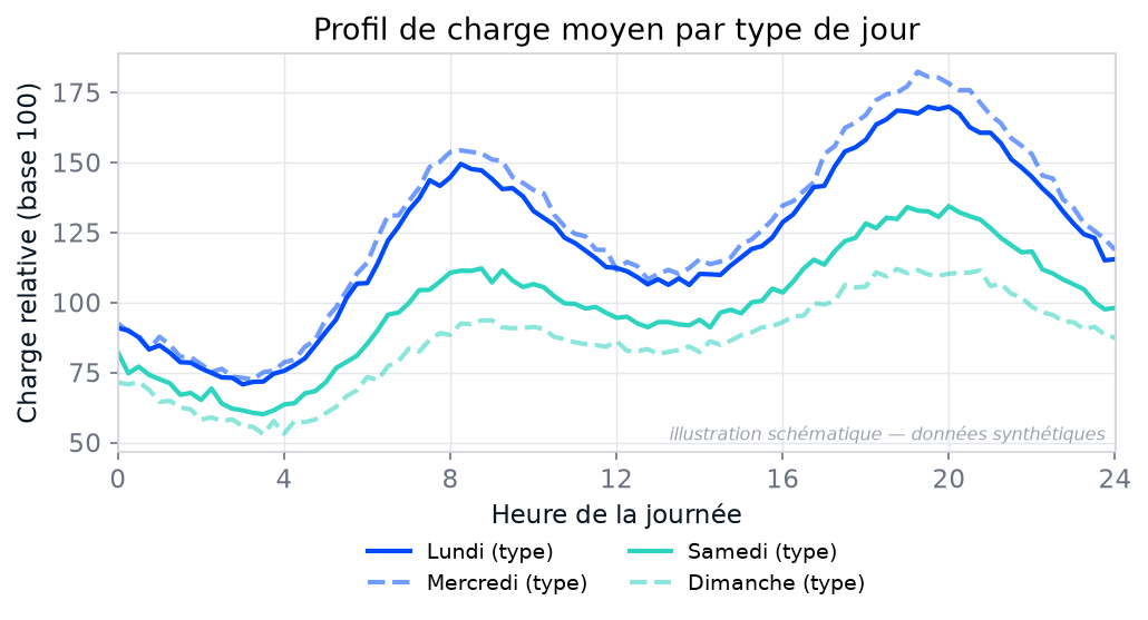 Profil de charge moyen illustratif par type de jour, données synthétiques