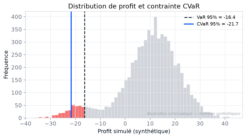 Illustration d'une distribution de profit avec seuils VaR et CVaR, données synthétiques